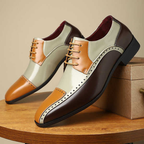 New Trendy Men's Non-Slip Breathable Leather Shoes With Color-Blocking Design, Suitable For Business And Work, Casual Versatile Leather Shoes 27031